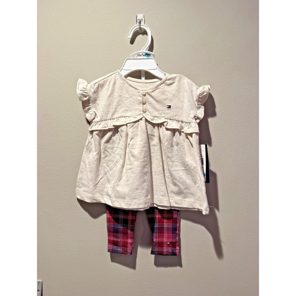 Tommy Hilfiger Baby Girls 2PC Set Cream Ruffle Top Red Plaid Leggings NWT